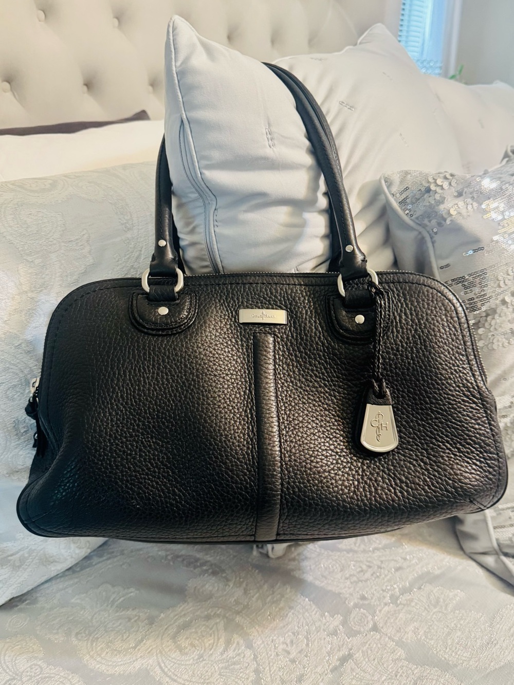 Cole Haan Black Pebbled Leather Satchel with Silver Hardware Blue Interior EUC